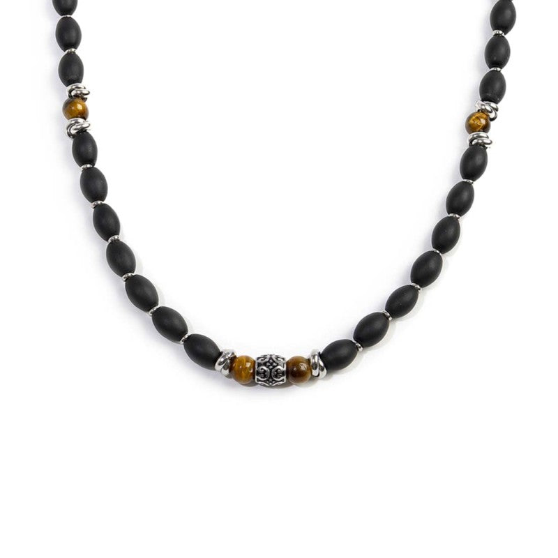 Collana con onice nera ovale e sfere occhio di tigre Marlù