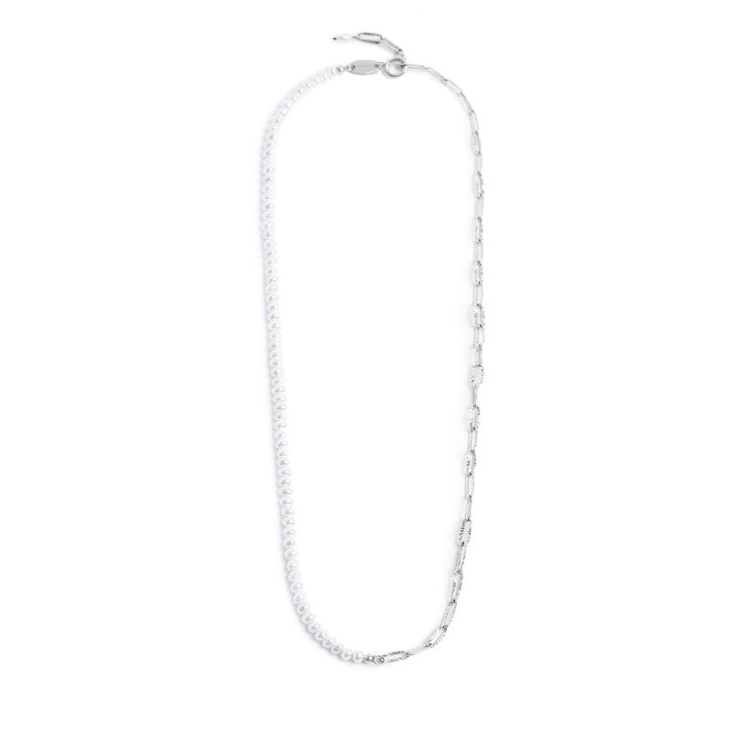 Collana catena figaro e catena con perle bianche irregolari Marlù