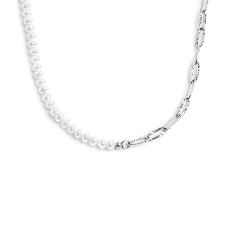 Collana catena figaro e catena con perle bianche irregolari Marlù