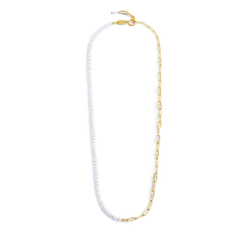 Collana catena figaro e catena con perle bianche irregolari Marlù