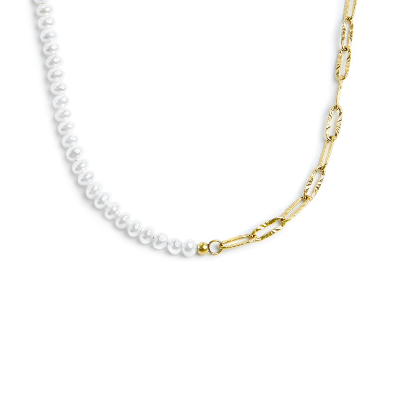 Collana catena figaro e catena con perle bianche irregolari Marlù