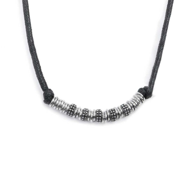 Collana cordino strobel elementi in acciaio con trama puntinata in black oil Marlù