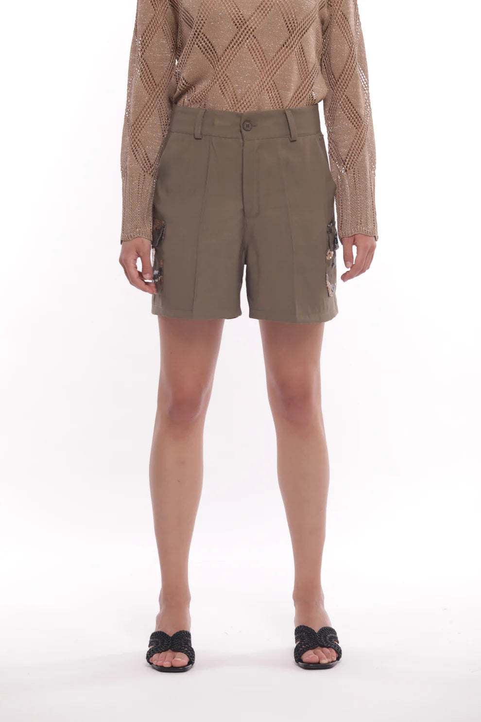 PANTALONE SHORT CON MOTIVO MILITARE IN PAILLETTES MIMI-MUA