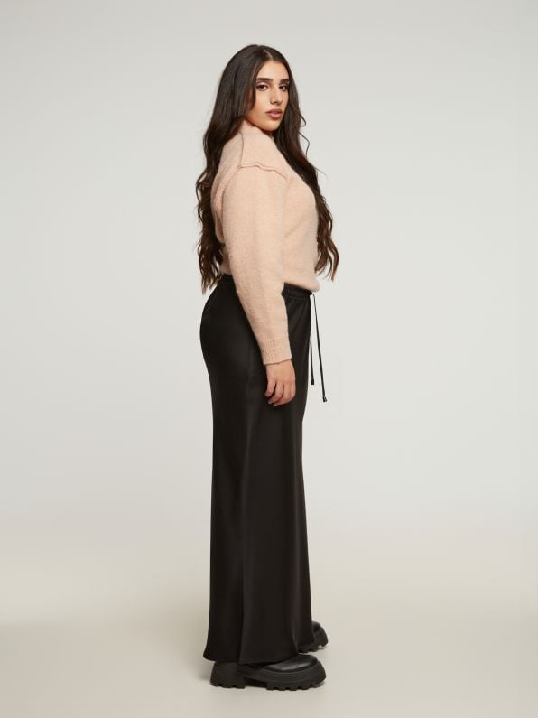 Gonna a trapezio in raso nero con lacci in vita Mat