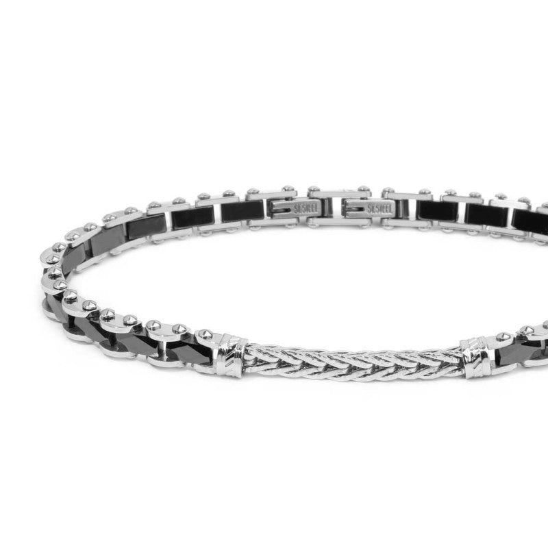 Bracciale elementi ceramica sfaccettata nera lucida e centrale con catena foxtail piatta MARLU'