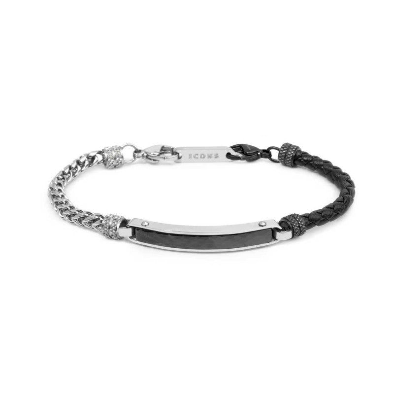 Bracciale pelle nera intrecciata e catena fishbone MARLU'