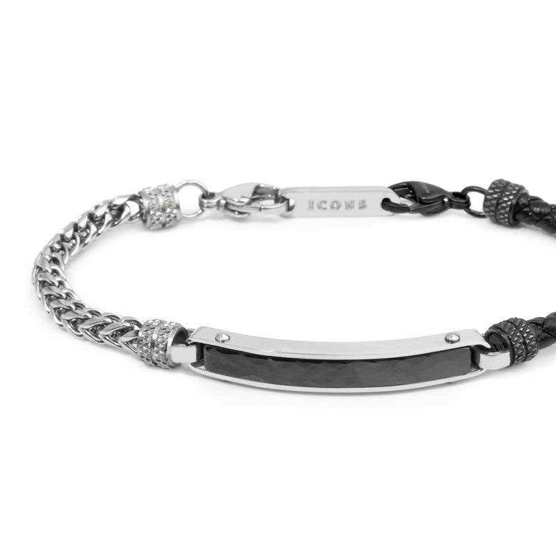 Bracciale pelle nera intrecciata e catena fishbone MARLU'