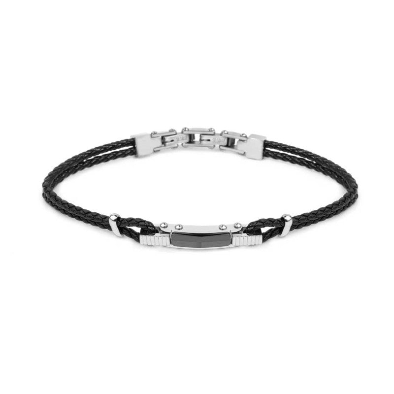 Bracciale pelle nera intrecciata elemento centrale ceramica sfaccettata nera lucida MARLU'
