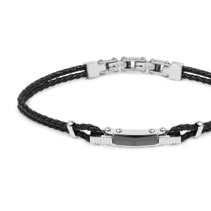 Bracciale pelle nera intrecciata elemento centrale ceramica sfaccettata nera lucida MARLU'
