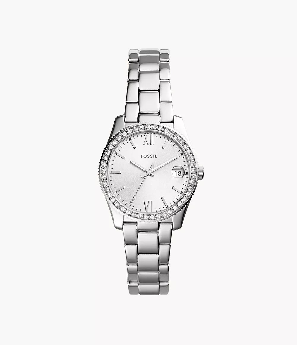 Orologio Scarlette 33 mm a tre sfere in acciaio inossidabile con datario Fossil