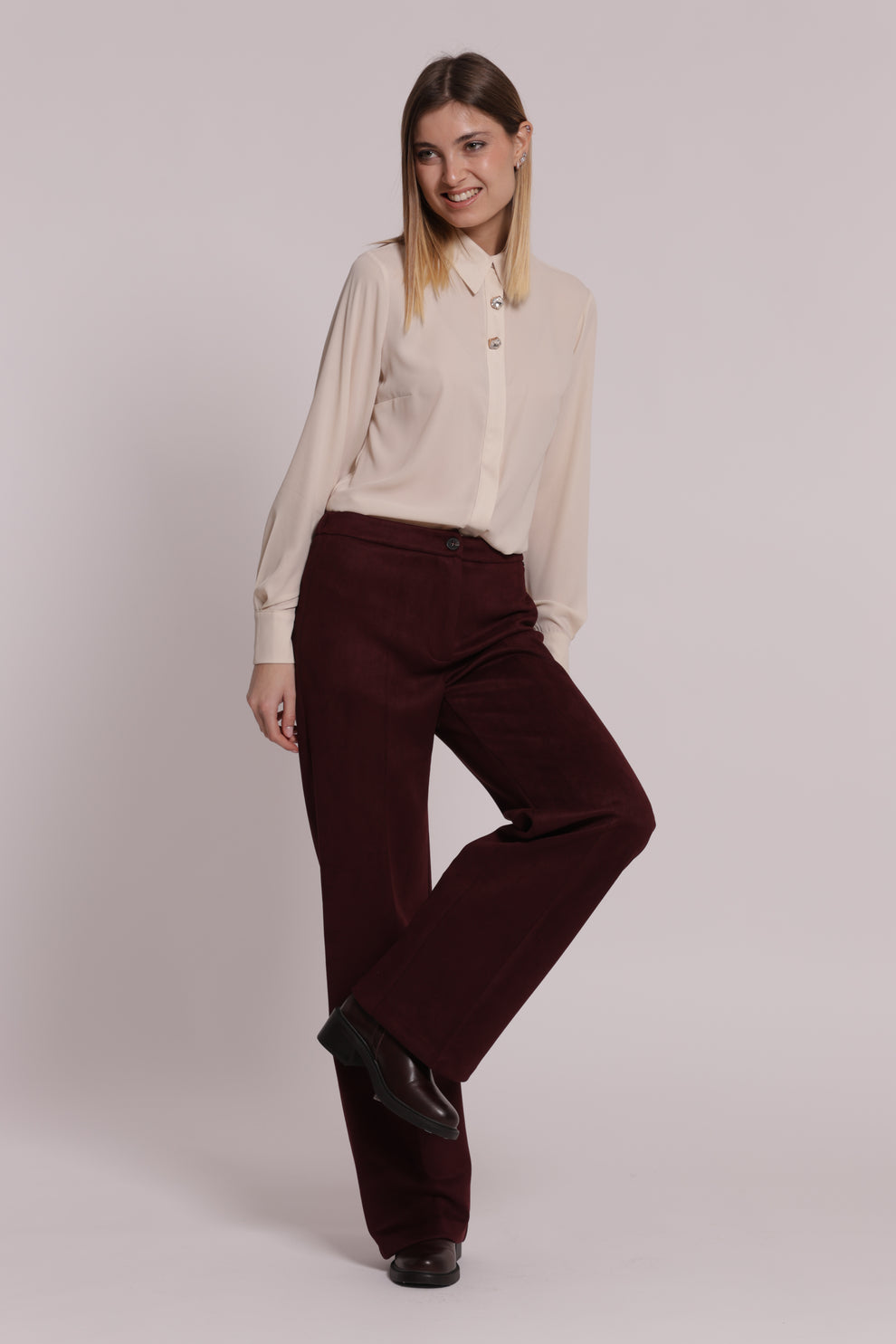 PANTALONE DRITTO IN JERSEY EFFETTO CAMOSCIO PRUGNA MIMI-MUA
