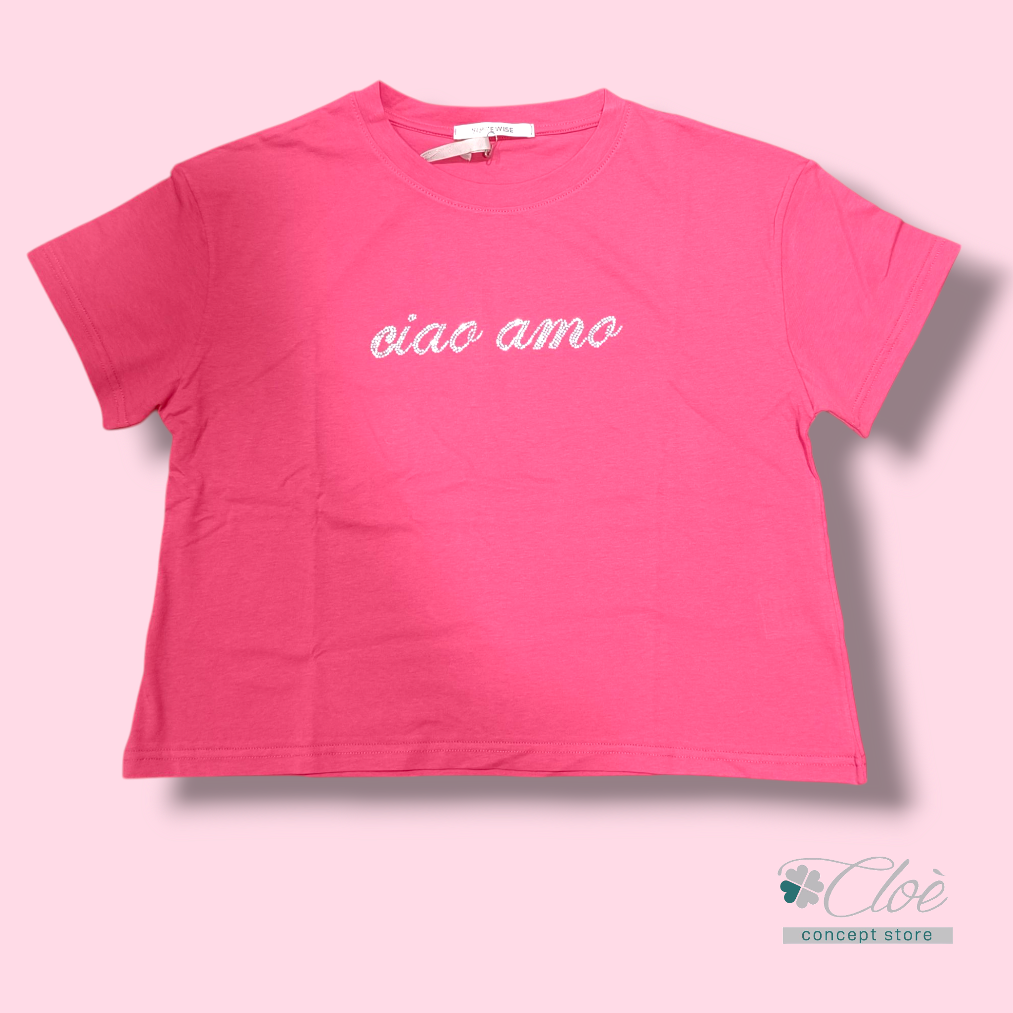 CROP TOP SCRITTA STRASS CIAO AMO WHITE WISE