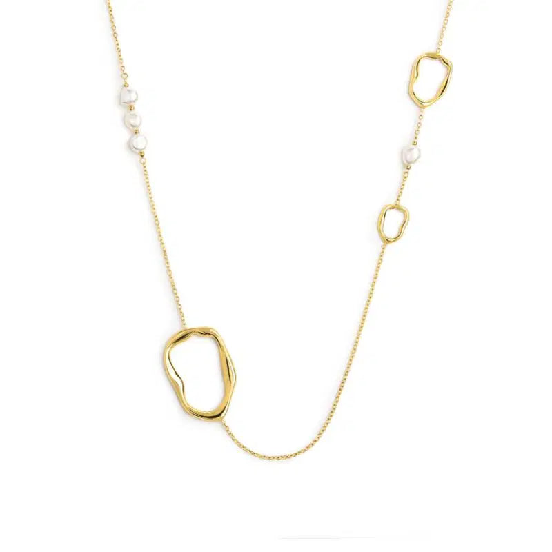 Collana catena con tre elementi di diverse dimensioni a forma organica e perle Marlù