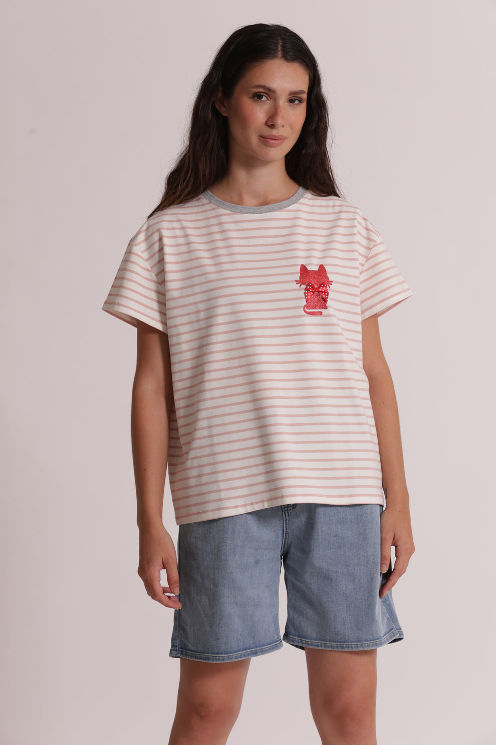 T-SHIRT RIGHE CON STAMPA GATTO MIMI-MUA
