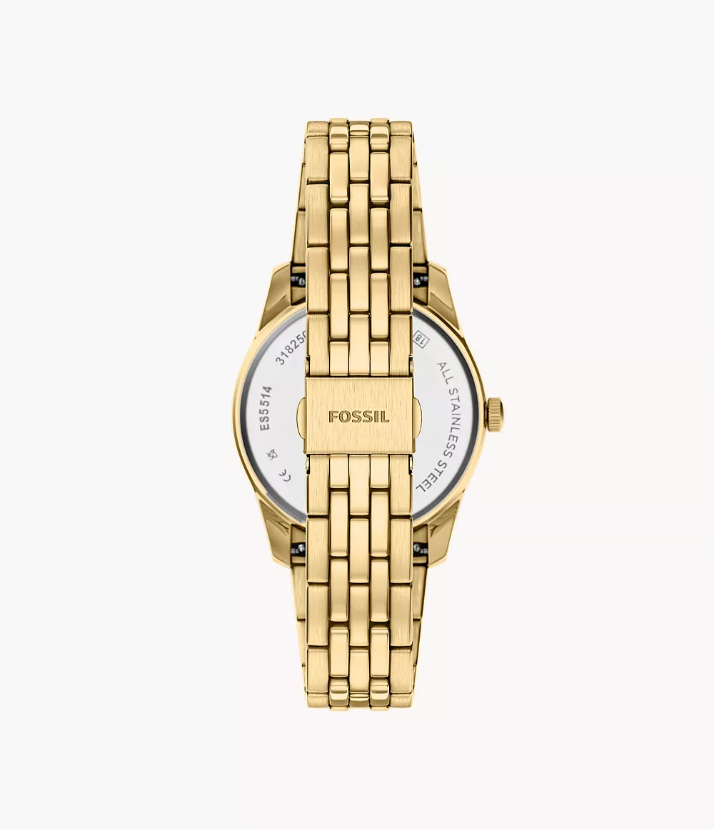 Orologio Scarlette 34 mm a tre sfere con data e giorno e bracciale in acciaio color oro Fossil