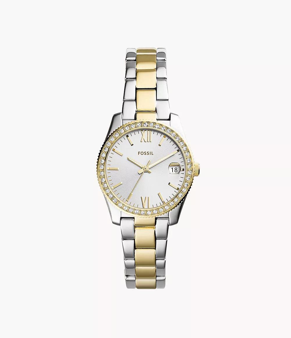 Orologio Scarlette 33 mm a tre sfere in acciaio bicolore con datario Fossil