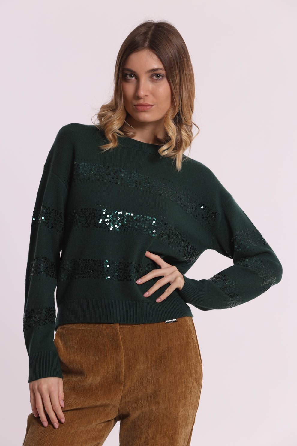 MAGLIA SCOLLO TONDO CON RIGHE IN PAILLETTES MIMI-MUA