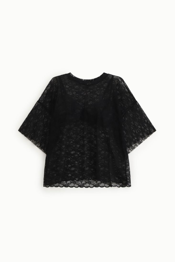 Top in pizzo trasparente manica 3/4 motivo floreale Dixie