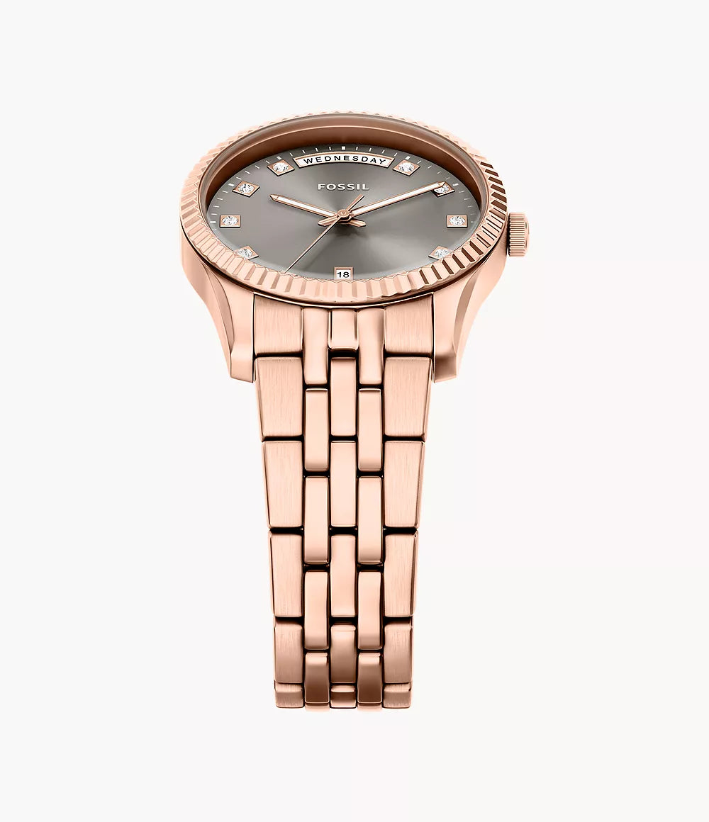 Orologio Scarlette 34 mm a tre sfere con data e giorno e bracciale in acciaio Fossil