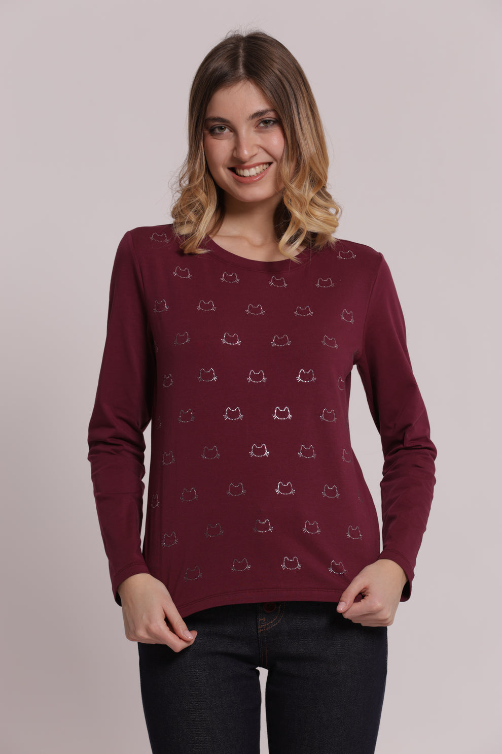 T-SHIRT MANICHE LUNGHE CON SCOLLO A V E GATTI STRASS MIMI-MUA