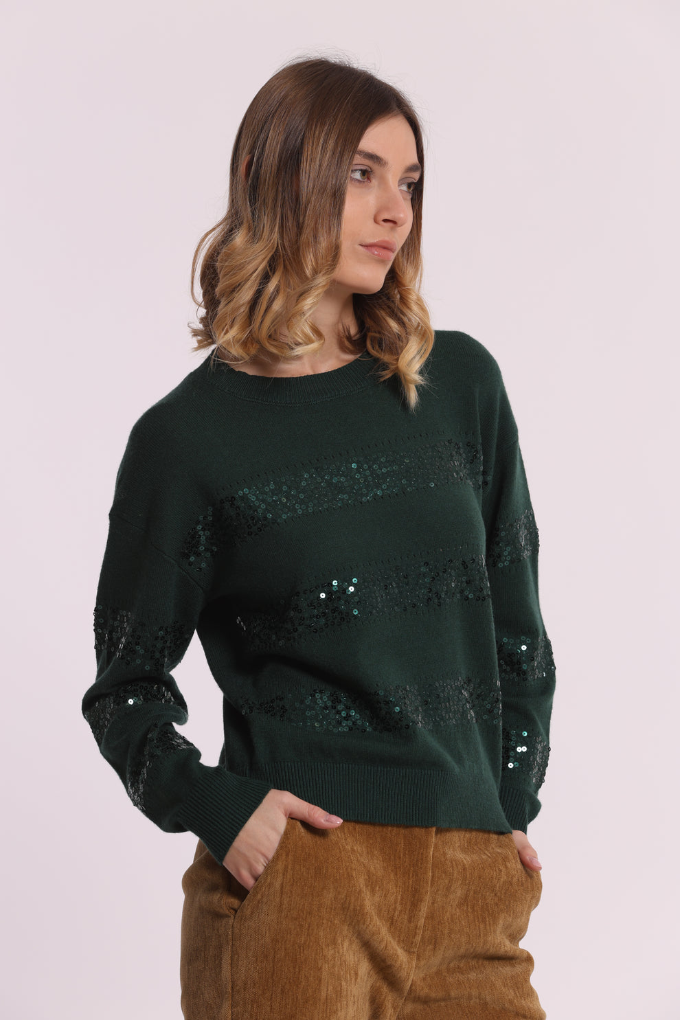 MAGLIA SCOLLO TONDO CON RIGHE IN PAILLETTES MIMI-MUA