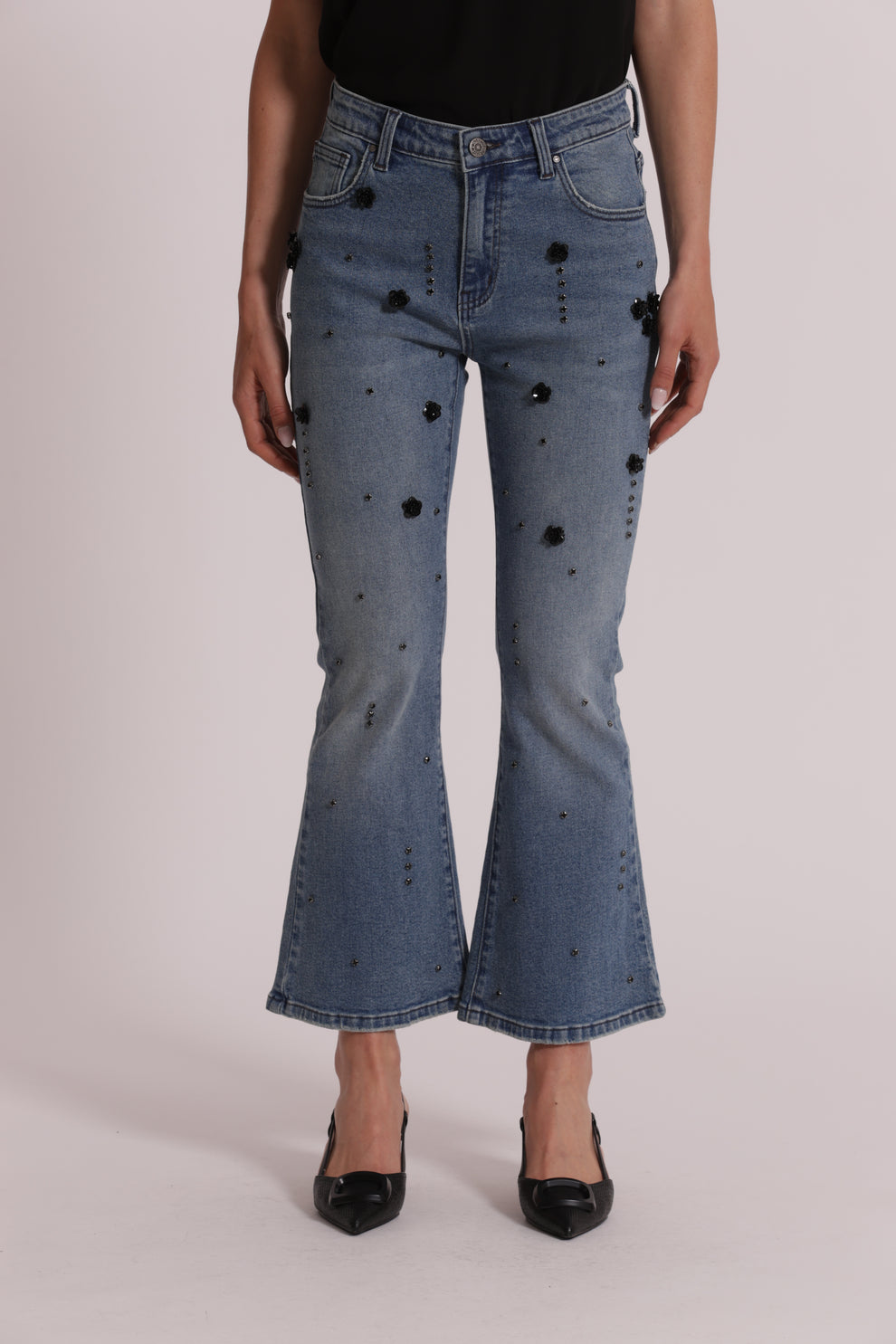 JEANS FLARE CON APPLICAZIONI FLOREALI MIMI-MUA