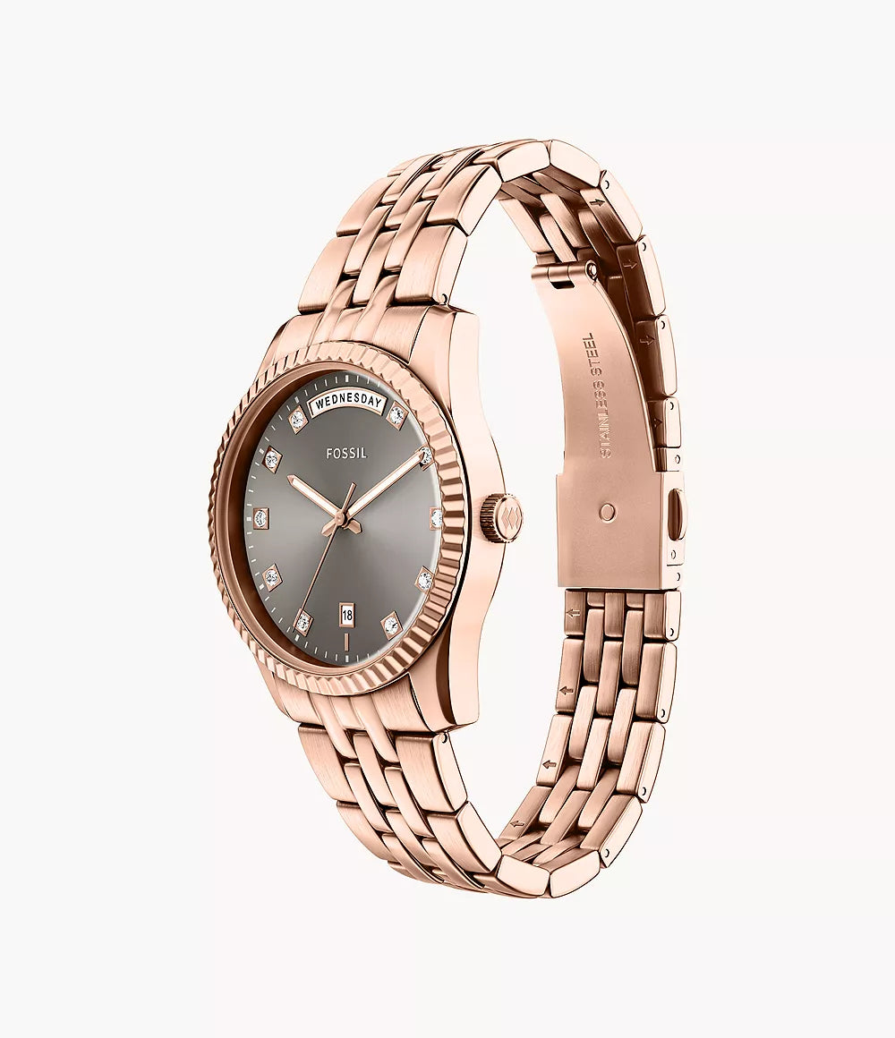 Orologio Scarlette 34 mm a tre sfere con data e giorno e bracciale in acciaio Fossil