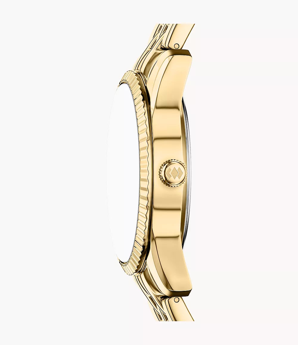 Orologio Scarlette 34 mm a tre sfere con data e giorno e bracciale in acciaio color oro Fossil