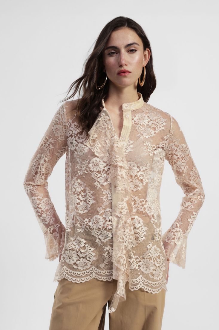 Camicia in pizzo con collo coreano e maniche lunghe Dixie
