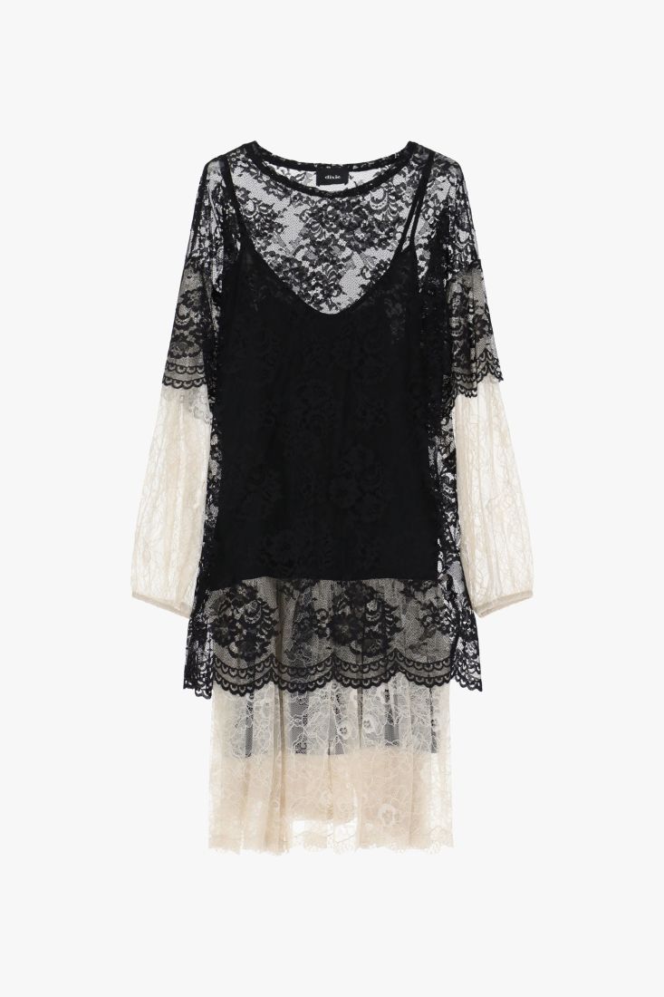 Abito midi in pizzo con maniche lunghe a contrasto Dixie