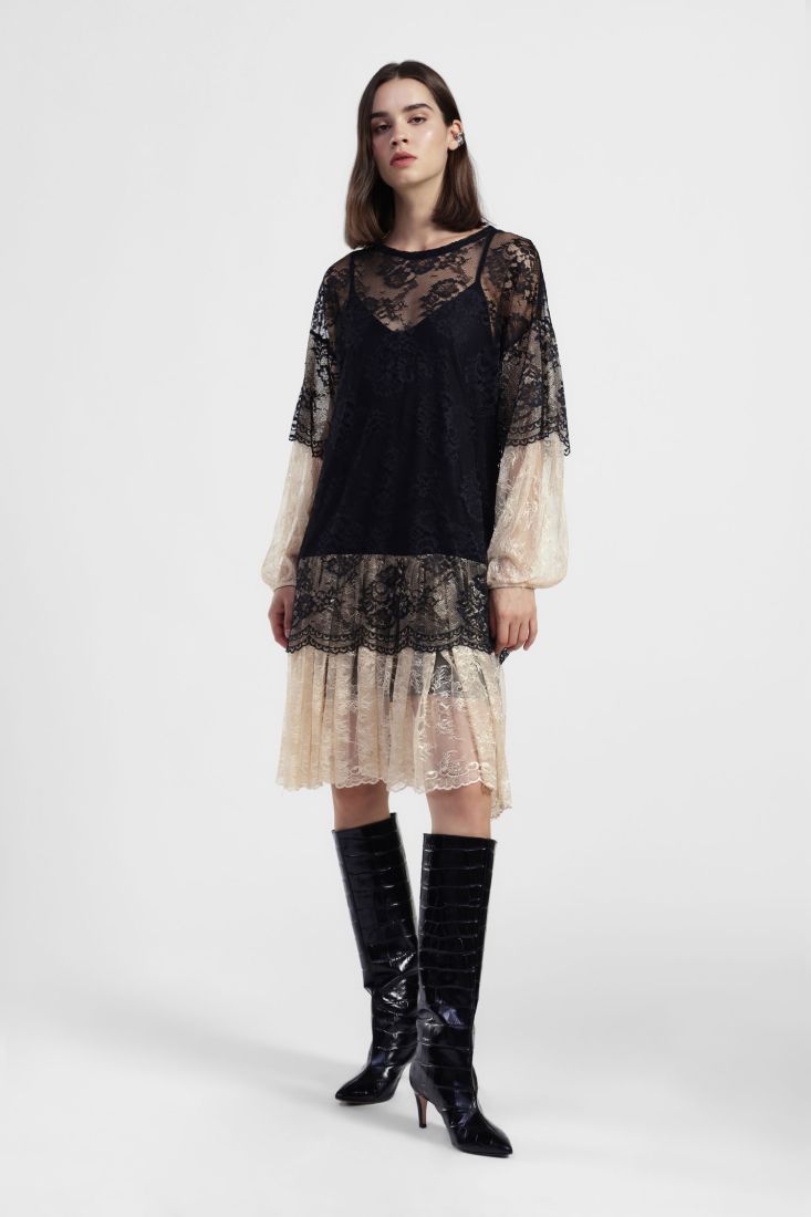 Abito midi in pizzo con maniche lunghe a contrasto Dixie