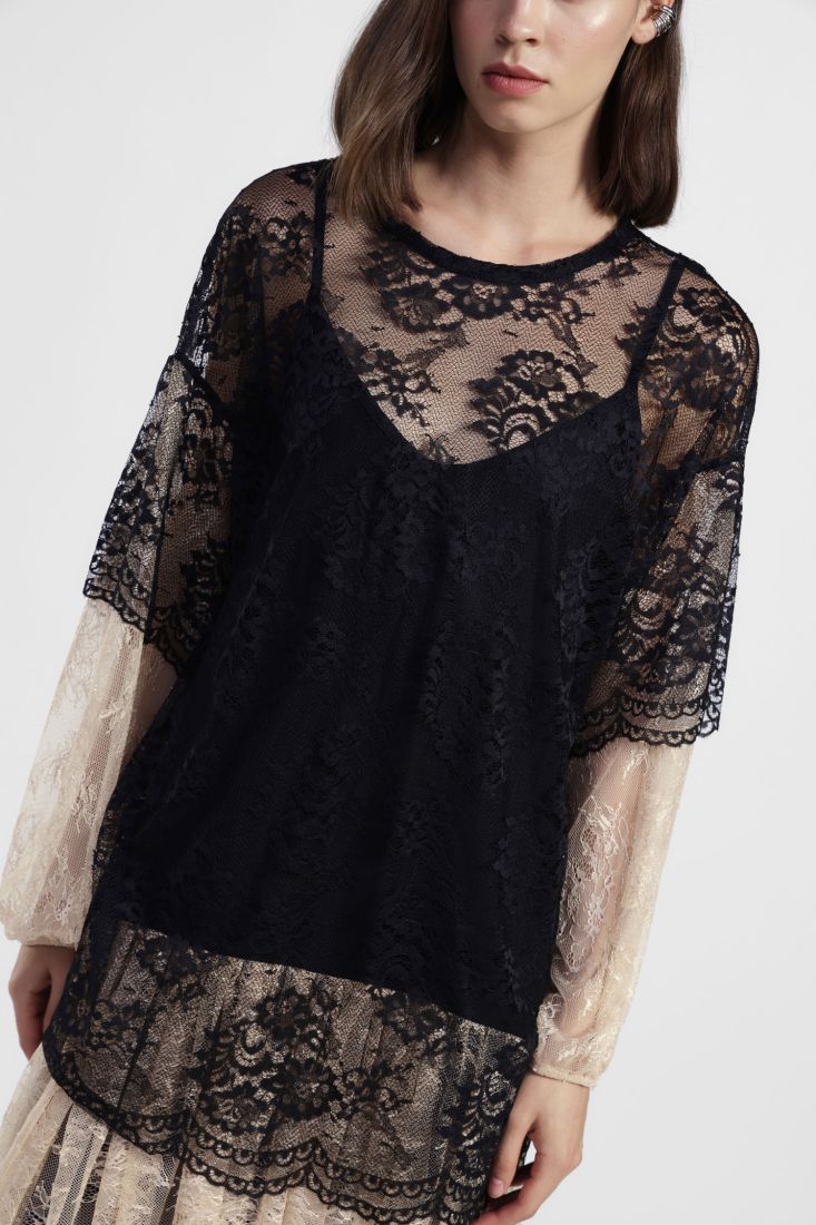 Abito midi in pizzo con maniche lunghe a contrasto Dixie