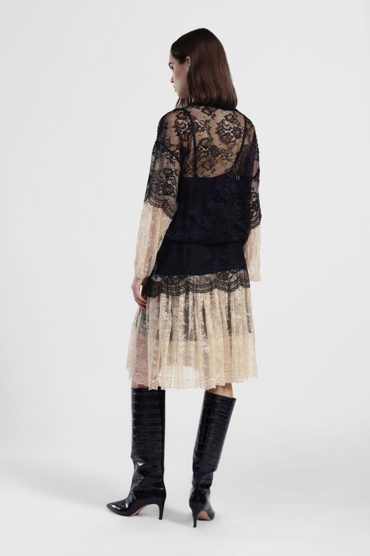 Abito midi in pizzo con maniche lunghe a contrasto Dixie
