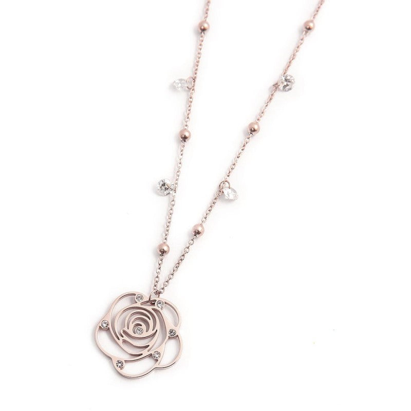 Collana con sfere d'acciaio con pendente rosa con cristalli Marlù