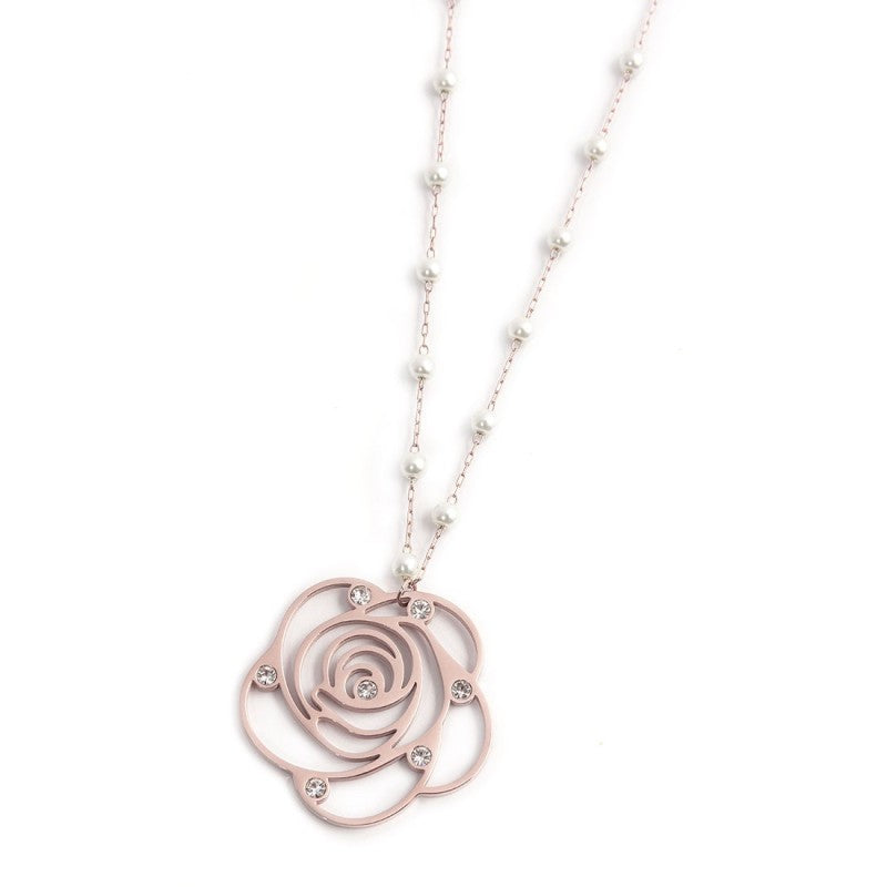 Collana con perle lunga con pendente rosa con cristalli Marlù