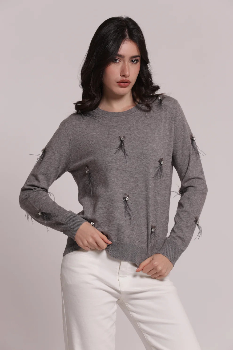 MAGLIA SCOLLO TONDO CON PIUME MIMI-MUA