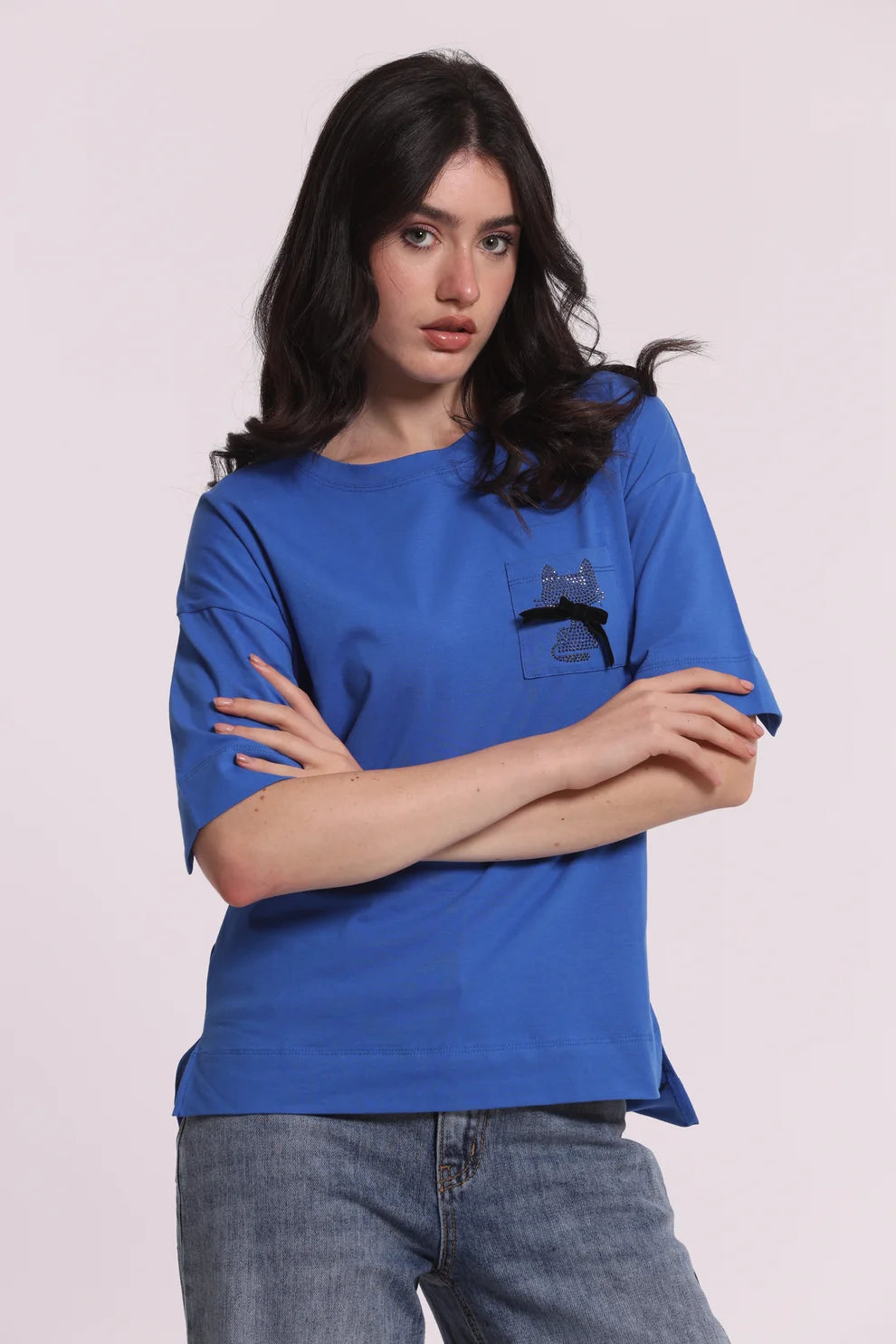 T-SHIRT CON TASCHINO E GATTO STRASS MIMI-MUA