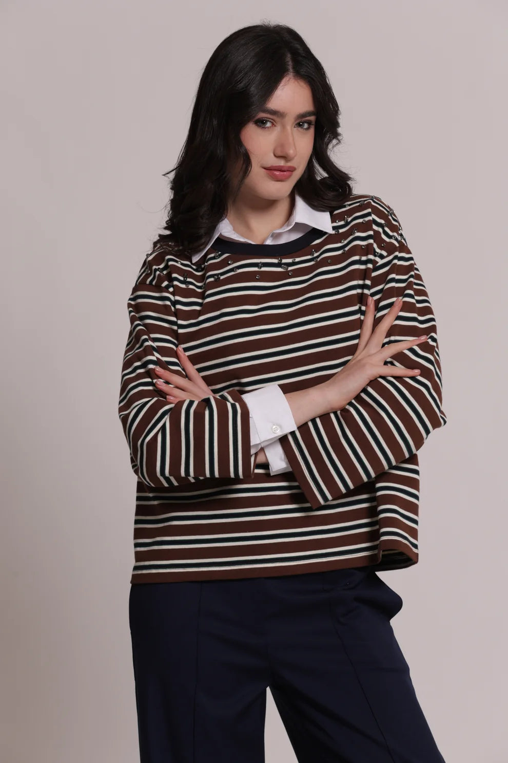 T-SHIRT MANICHE LUNGHE A RIGHE CON APPLICAZIONI MIMI-MUA