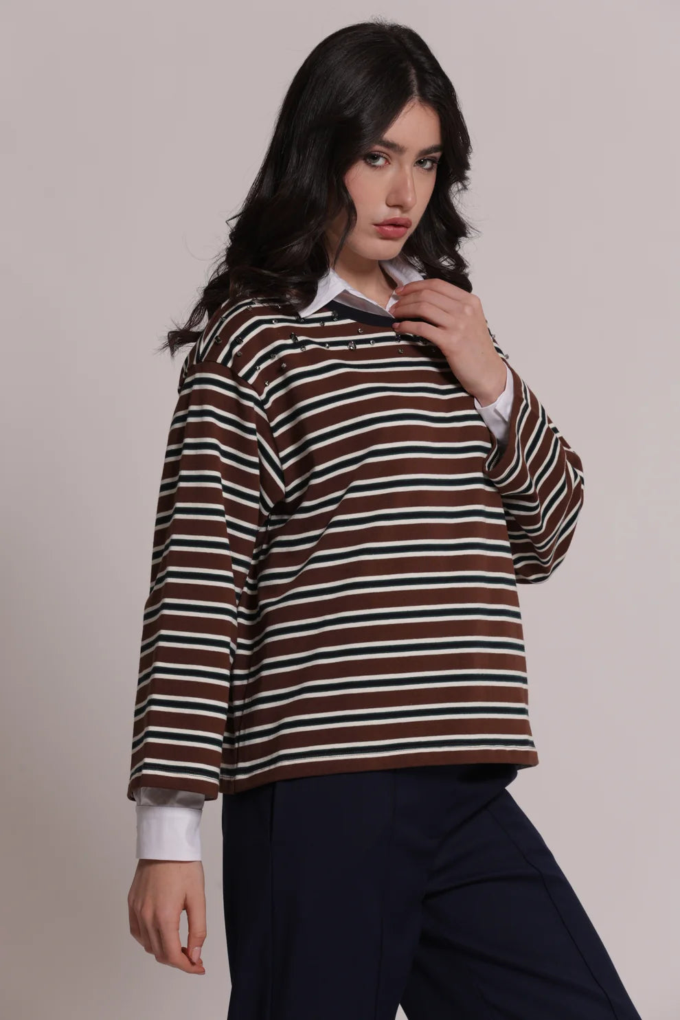 T-SHIRT MANICHE LUNGHE A RIGHE CON APPLICAZIONI MIMI-MUA