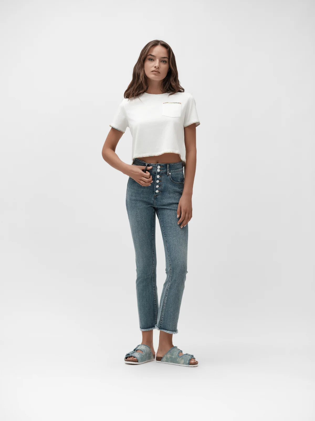 PAULINE – JEANS FLARE SUPER HIGH WAIST SFRANGIATO WHITE WISE