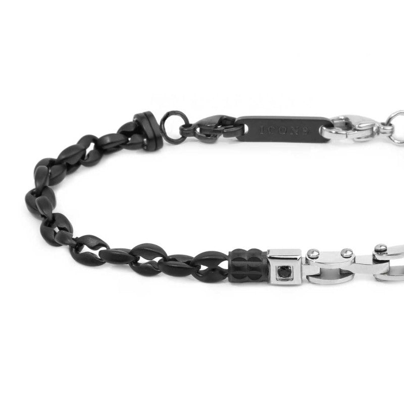 Bracciale catena marine e catena con elementi in acciaio e in ceramica sfaccettata nera lucida MARLU'