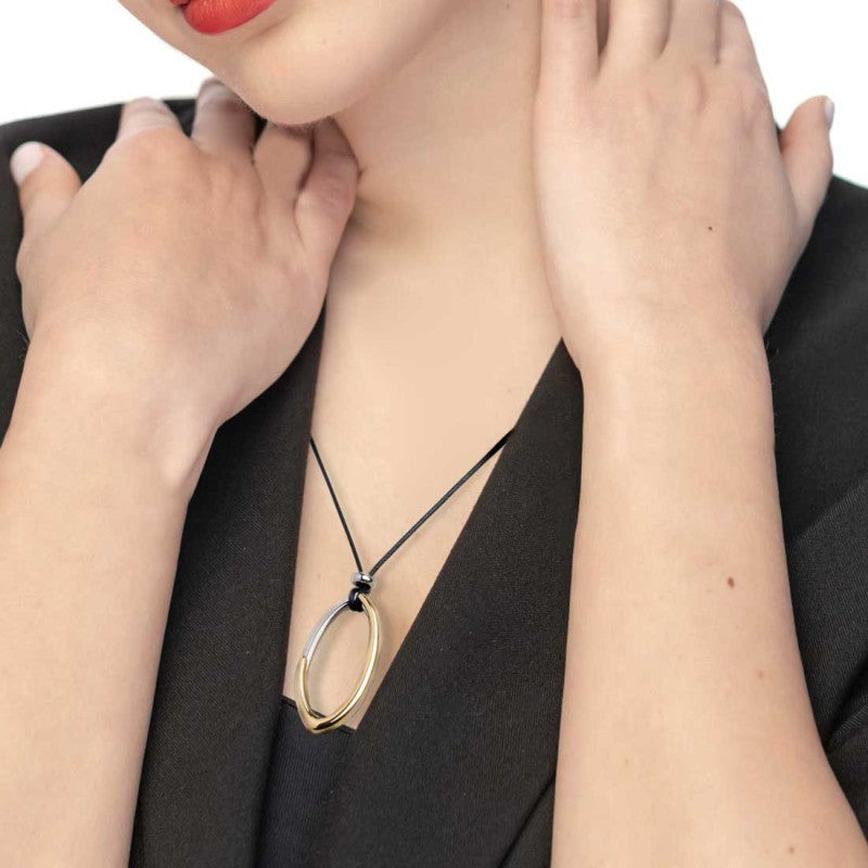 Collana cordino con pendente centrale bicolore ad anello ovale Marlù