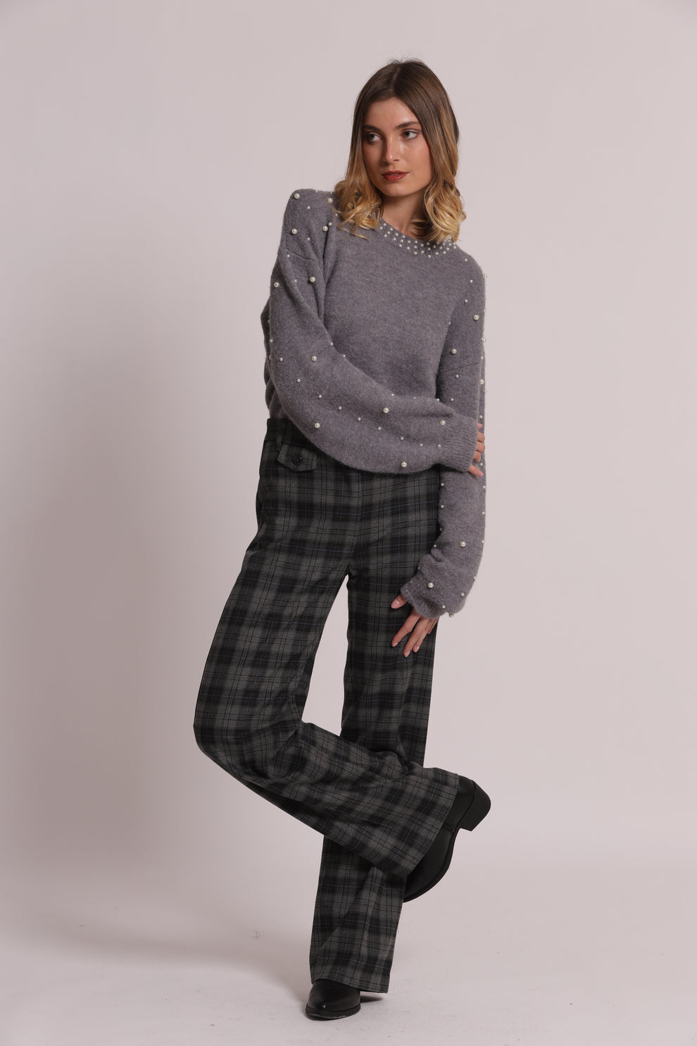 PANTALONE PALAZZO CON ELASTICO DIETRO IN TESSUTO CHECK MIMI-MUA