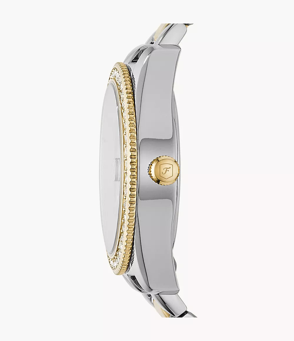 Orologio Scarlette 33 mm a tre sfere in acciaio bicolore con datario Fossil