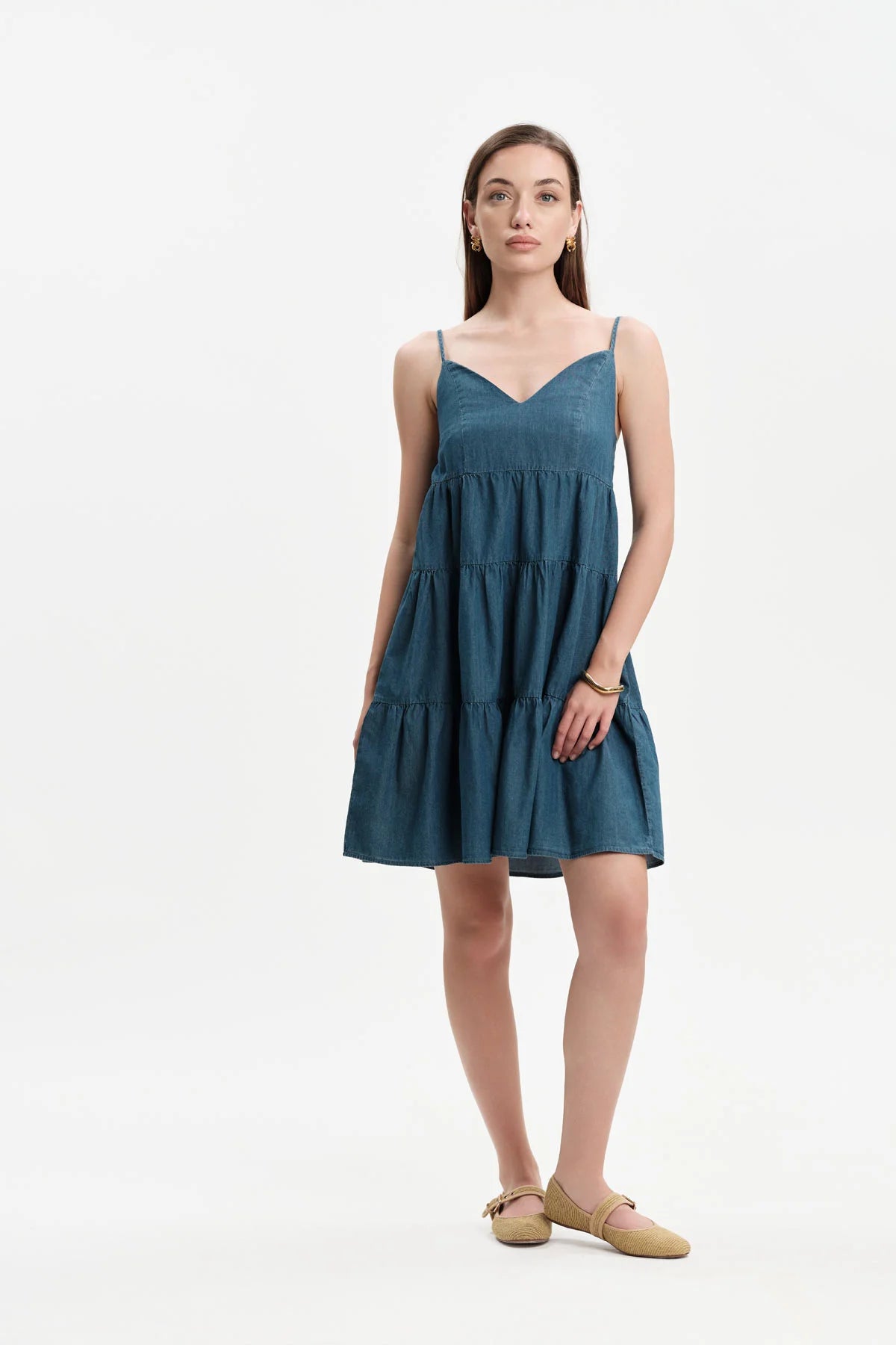 ABITO CORTO IN CHAMBRAY CON BALZE E BRETELLINE WHITE WISE