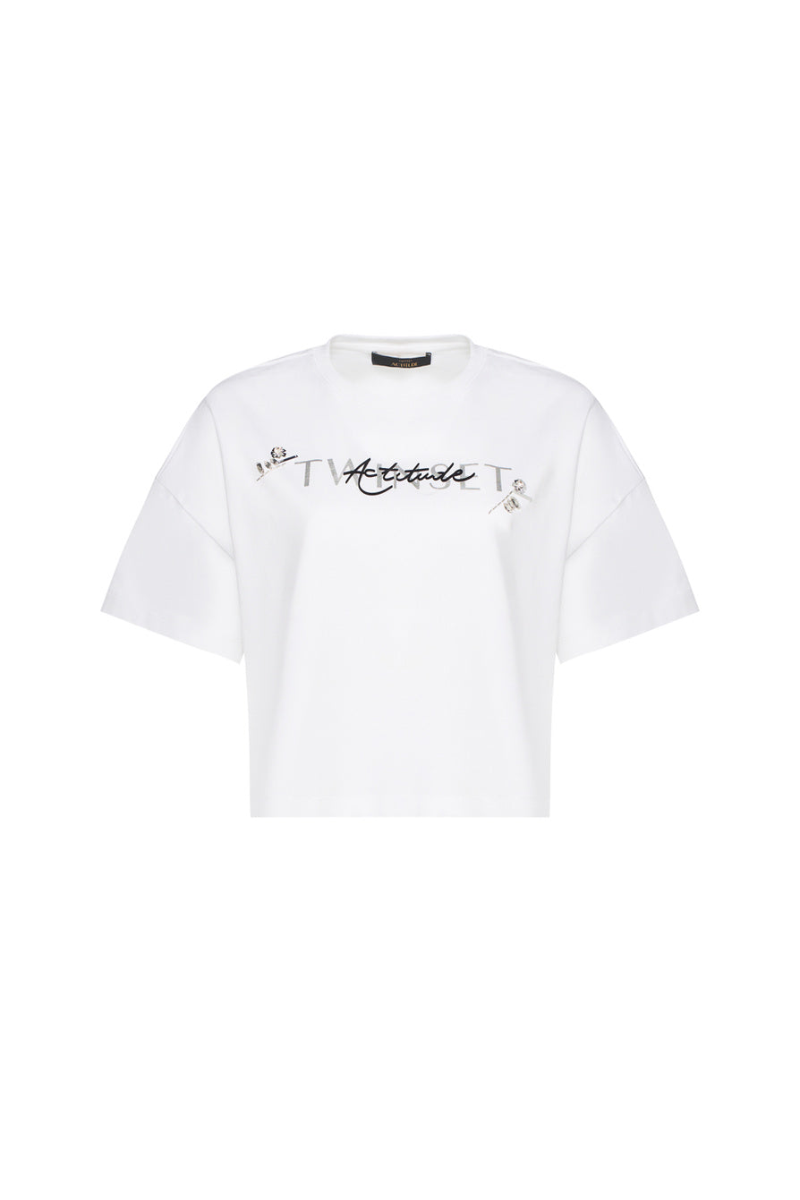 T-shirt in cotone con cristalli e logo Twinset Actitude Twinset