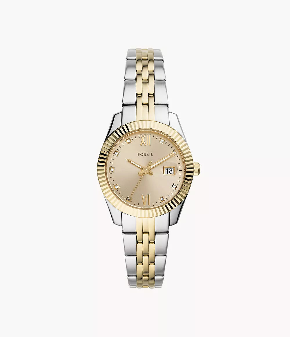 Orologio Scarlette 33 mm a tre sfere con datario e bracciale in acciaio bicolore Fossil