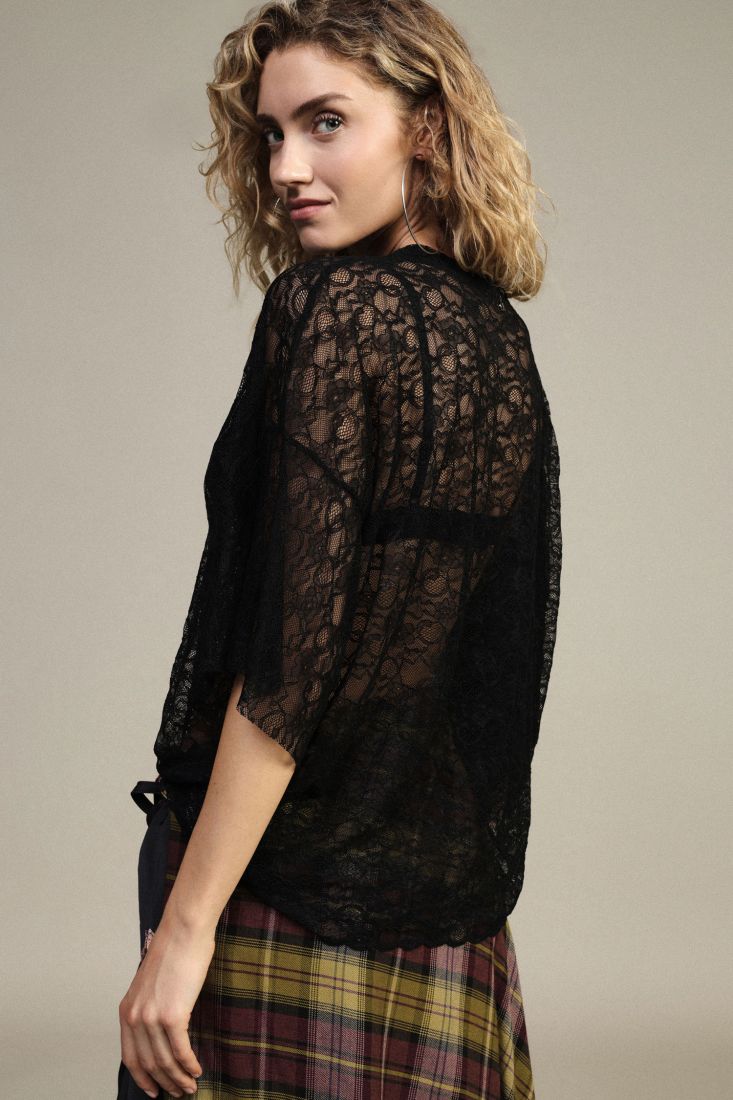 Top in pizzo trasparente manica 3/4 motivo floreale Dixie