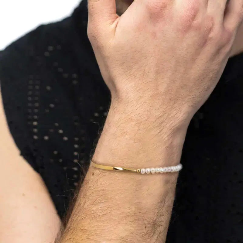 Bracciale semi rigido con tubolare twisted e catena con perle Marlù