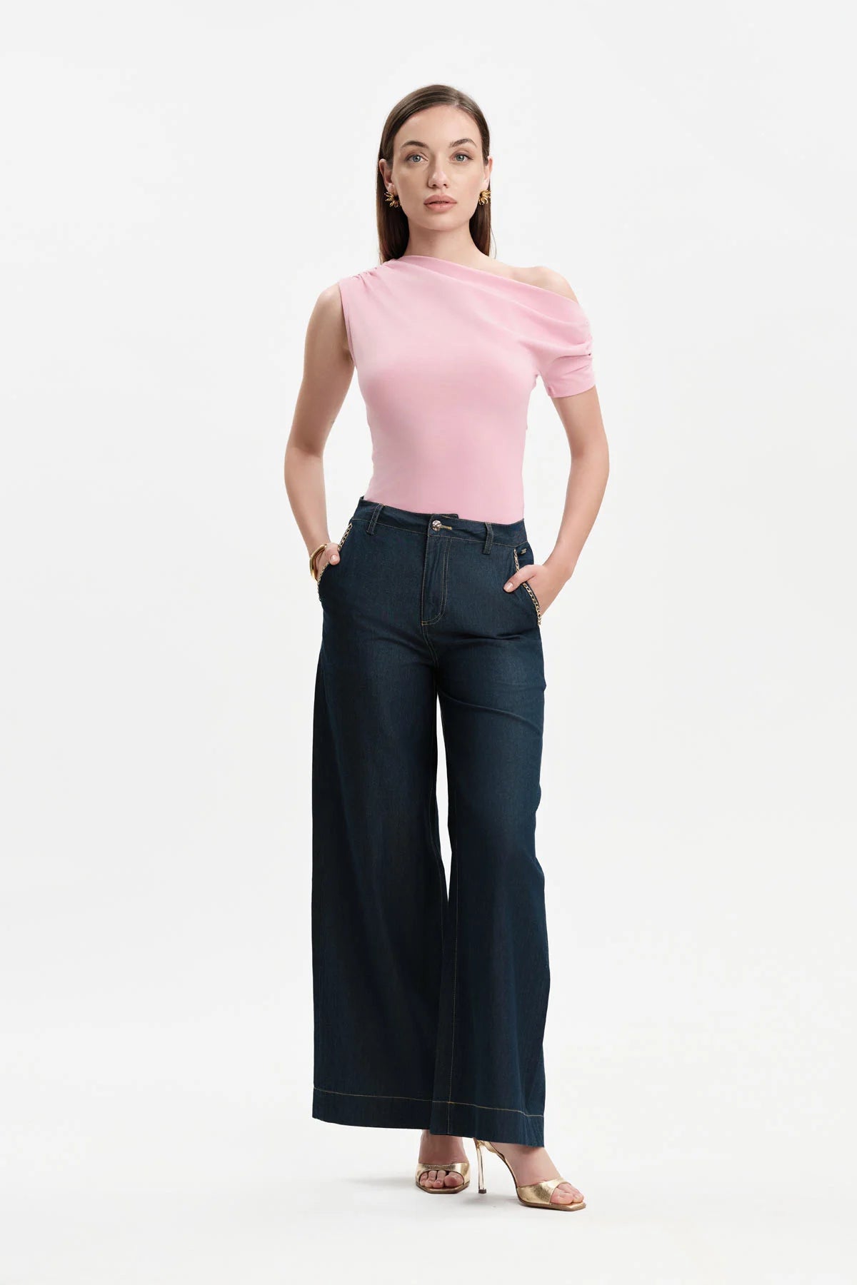 PANTALONI AMPI IN CHAMBRAY CON CATENA WHITE WISE